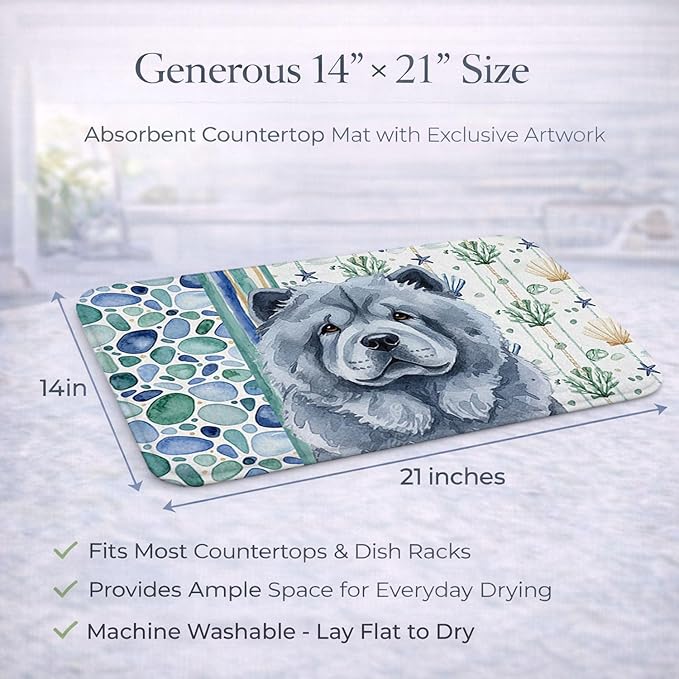 Caroline's Treasures Blue Chow Chow Coastal Sea Glass Dish Drying Mat Absorbent Dish Drying Mat Pad for Kitchen Counter Dish Drainer Mat for Countertop 14 x 21 Multicolor