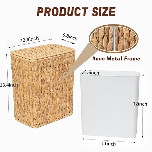 Wicker Trash Can3 Gallon Bathroom Trash Can with LidNatural Water Hyacinth Wicker Waste Basket with Removable Liner for Bedroom Toilet Narrow Spaces