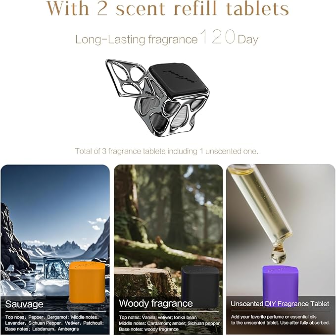 Lucky Dice Long-Lasting Car Air Fresheners Diffuser gift Set with 2 Scent Refills &amp Unscented DIY Tablet - Spill-Proof Solid Fragrance