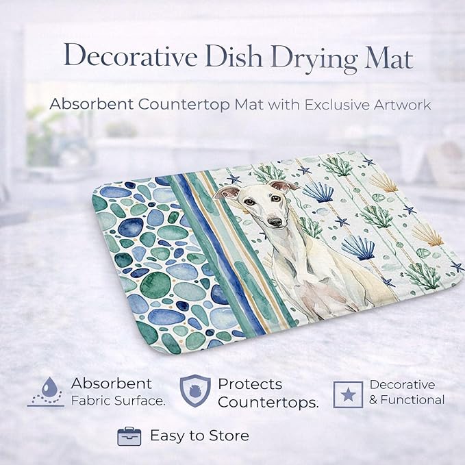 Caroline's Treasures White Whippet Coastal Sea Glass Dish Drying Mat Absorbent Dish Drying Mat Pad for Kitchen Counter Dish Drainer Mat for Countertop 14 x 21 Multicolor