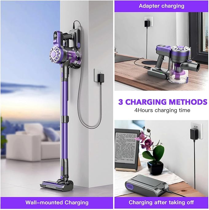 Cordless Vacuum Cleaner for HomeLightweight Stick Vacuum Cordless Rechargeable with Power Suction Up to 35 Mins Runtime Hardwood Floor Vacuum for Pet HairCarpetsTile(Deep Purple)
