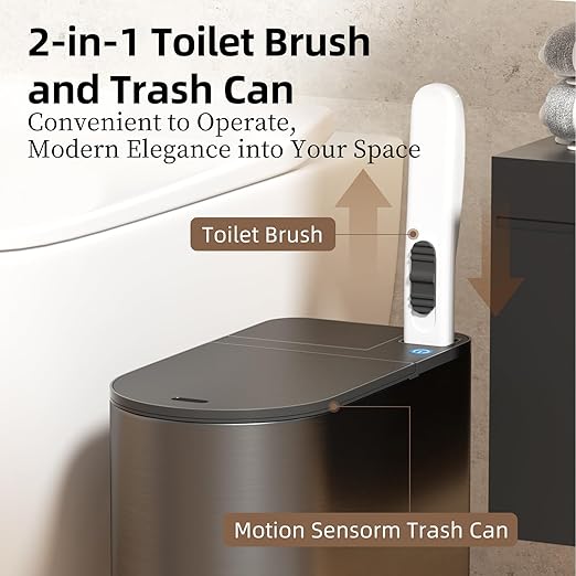 Bathroom Trash Can with Lid - Motion Sensor Smart Garbage Bin with Toilet Brush 2 Gallon / 7L Small Automatic Trash Can Odor-Control for Bathroom (Grey with Toilet Brush)