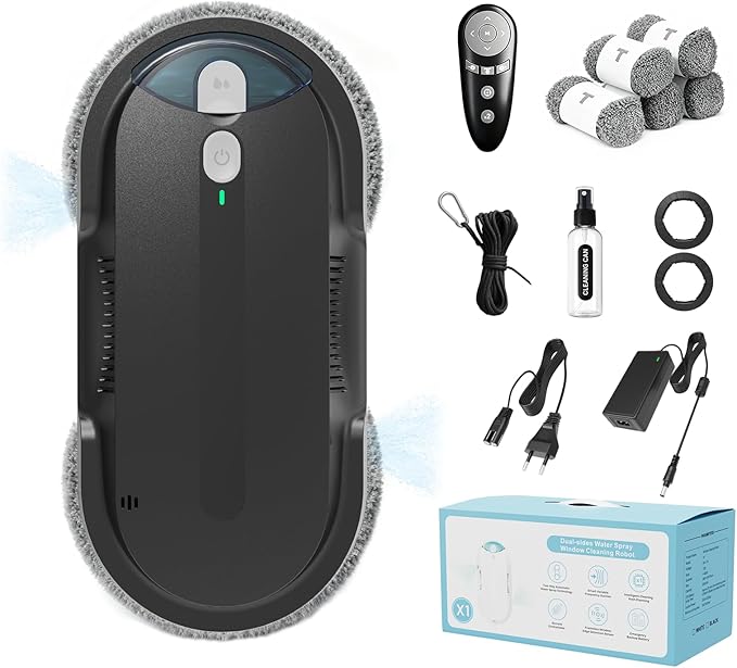 Window Cleaning Robot – 2400-3200Pa Suction Dual Ultrasonic Spray 85ml Tank Edge Detection Anti-Drop 3 Cleaning Modes for Streak-Free Glass(Black)