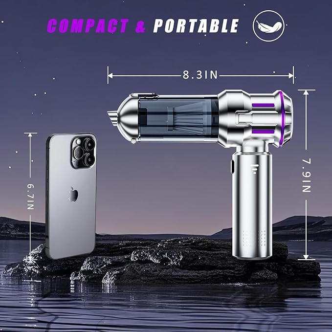 Handheld Car Vacuum Cordless Mini Vacuum Cleaner Rechargeable 16000Pa Hand Held Vacuum Cleaner Portable Small Vacuum with Multi-Nozzles Dust Duster for Car Home Office Pet (Silver Purple)