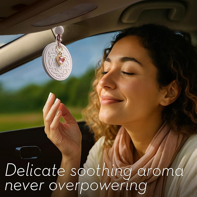 Luxury Car Air Freshener for Women - Refillable &amp Portable Essential Oil Fragrance Diffuser - Cute Car Accessories &amp Interior Decor - Mirror Hanging or Vent Clips - Pink Heart Charm Rose Scen