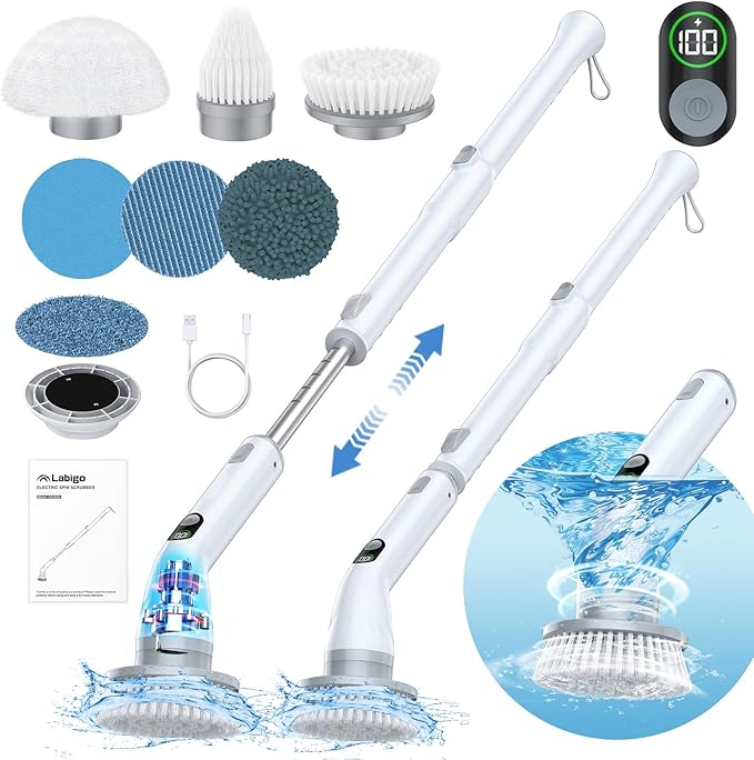 LABIGO Electric Spin Scrubber LA4 Pro Dual Speed Bathroom Scrubber with Display &amp 6 Replacement Cleaning Heads Cordless Power Scrubber with Adjustable &amp Detachable Handle for Bathroom Floor