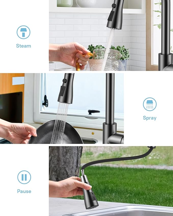 WEWE Kitchen Faucet with Pull Down Sprayer and Soap Dispenser Matte Gray High Arc Single Handle Stainless Steel Sink Faucet Suitable for Farmhouse RV &amp Laundry