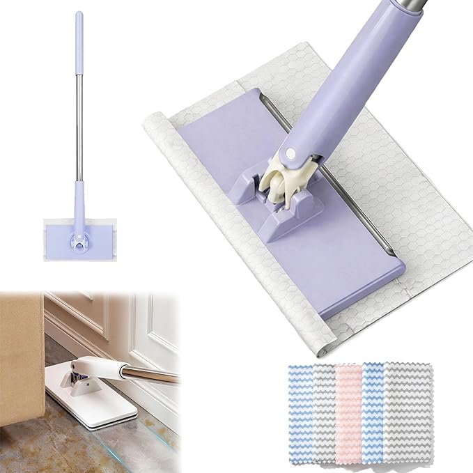 2026 Upgraded Zero Touch Snap Grip Mini Mop Cloth Changing Mini Mop with Automatic Hands Free Push Pull Handle 180 Rotating Head Includes 5 Cleaning Cloths for Bathroom and Kitchen