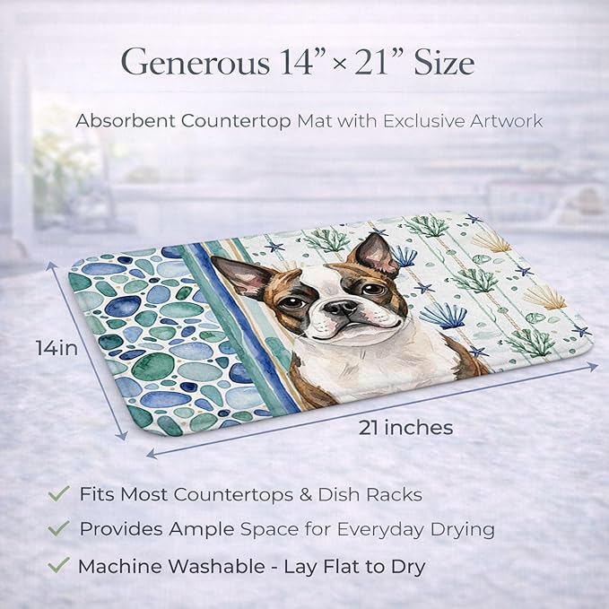 Caroline's Treasures Brindle Boston Terrier Coastal Sea Glass Dish Drying Mat Absorbent Dish Drying Mat Pad for Kitchen Counter Dish Drainer Mat for Countertop 14 x 21 Multicolor