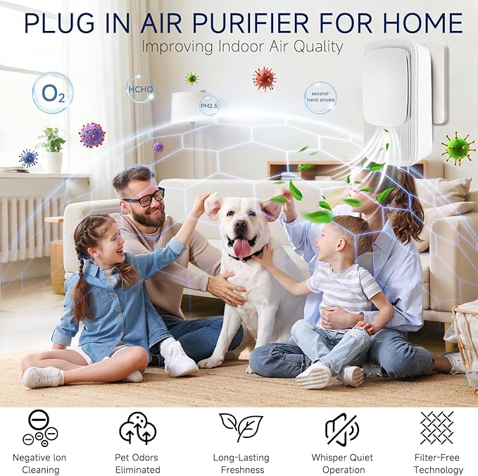 Plug In Negative Ion Air Purifier – 4 Pack Quiet Three-speed Adjustment Air Ionizers Mini Air Fresheners for Home Bedroom Office Kitchen Portable Odor Eliminator for Smoke Dust Pet Smell