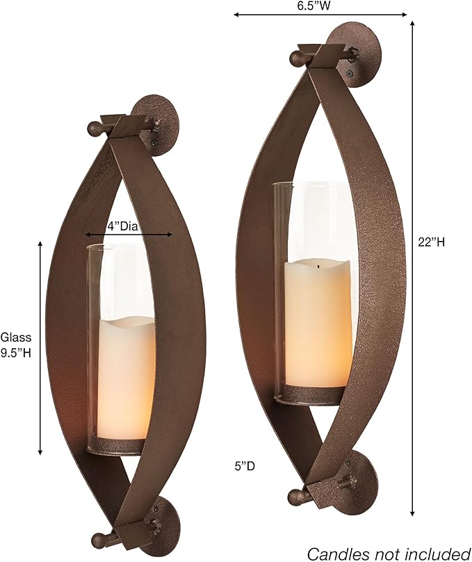Touch of Class Xander Wall Sconce Pair - Handcrafted Steel - Bronze - Glass Hurricane - Set of 2 - Metal Sconces Holder for Bedroom Bathroom Living Room Kitchen Walls Hallways