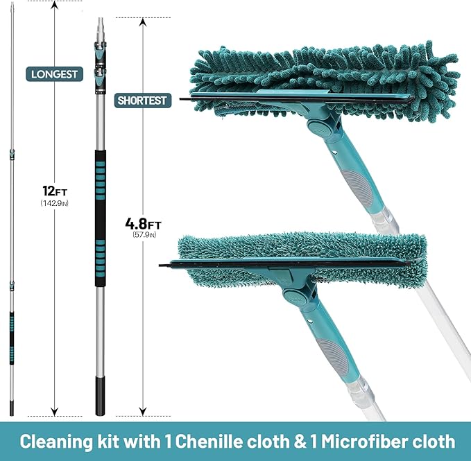 20 Feet High Reach Window Squeegee with 5-12Ft Extension Pole Window Cleaner Tool with 3-Stage Telescoping Pole Window Cleaning Kit with Rotatable Head (2 Squeegee &amp 2 Microfibre Cloths)