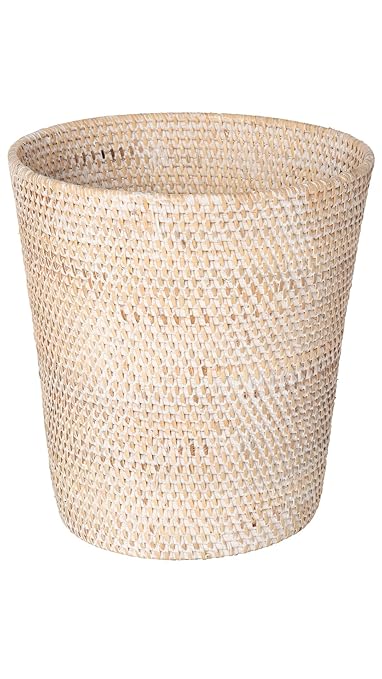 KOUBOO Loma Round Rattan Paper Waste Basket Trash Can Bathroom Garbage Bin Bedroom Kitchen Office Home Desk Small Wicker Bin for Waste Paper Latte