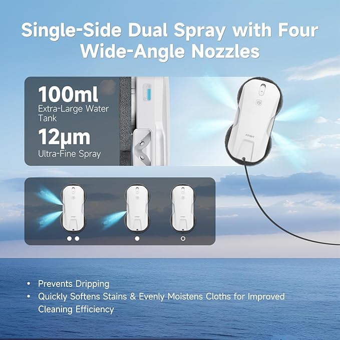 FMART T11 Window Cleaning Robot Auto 4-Way Water Spray 5300Pa Strong Suction High-Speed Cleaning &lt60dB Ultra-Quiet 60mm Slim Window Robot Smart Navigation Anti-Drop &amp 50min UPS Protectio
