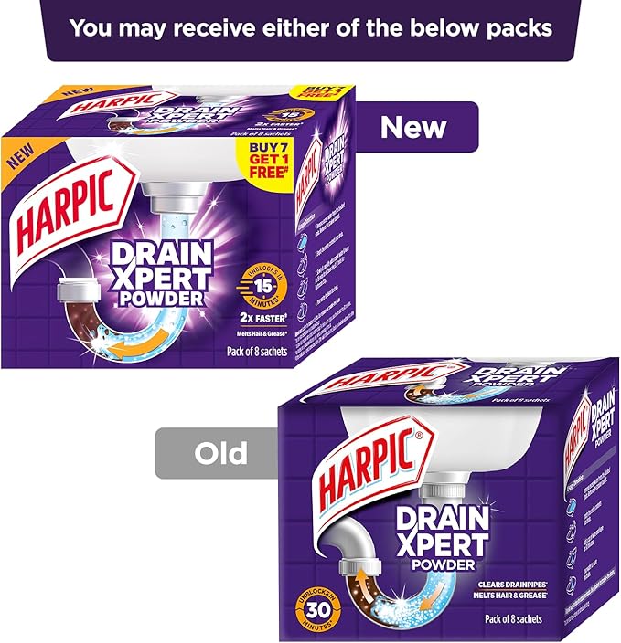 Harpic Drain Xpert Drain Cleaning Powder (50g x 8) | Removes Blockages in Pipes Sinks &amp Septic Tanks| Works within 30 minutes | Melts Grease &amp Dissolves Hair (Pack of 2)