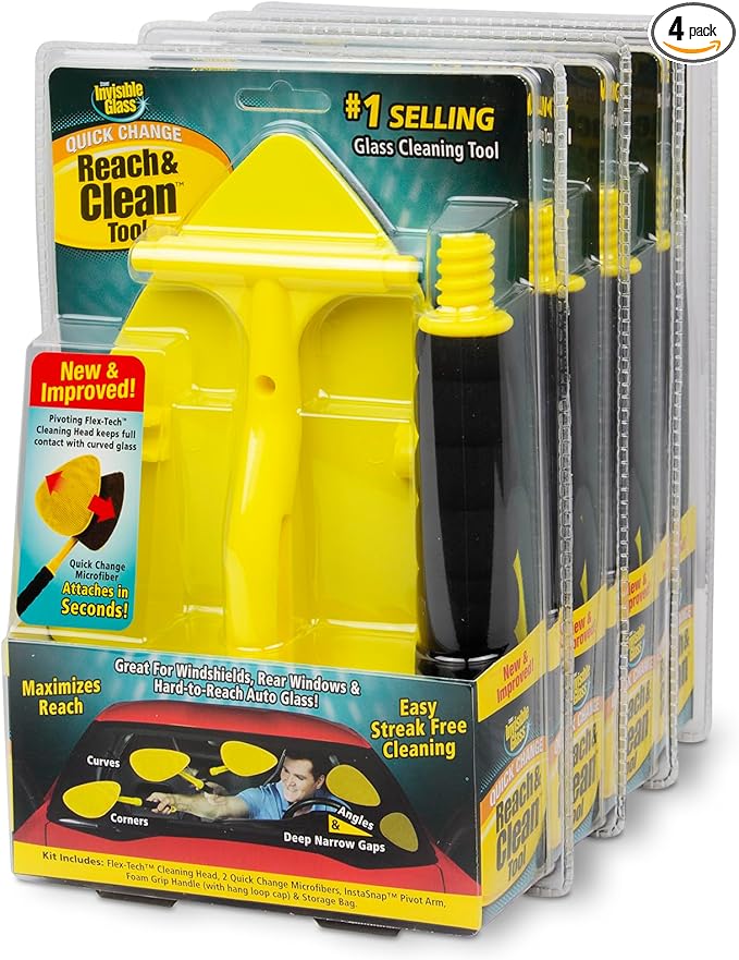Invisible Glass 95160-4PK Reach &amp Clean Windshield Cleaning Tool and Car Window Cleaner Tool for Interior and Exterior Auto Glass with 2 Microfiber Pads and Storage Bag – Pack of 4