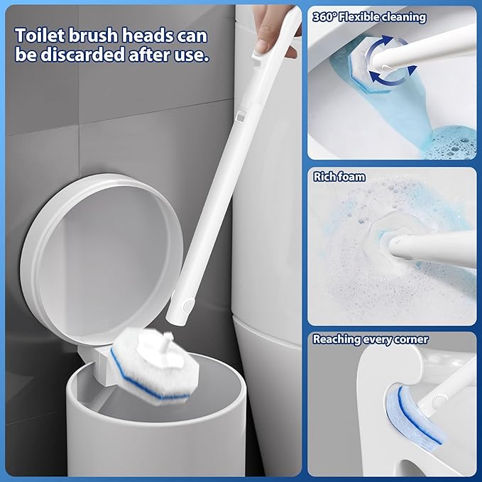 2 Pack Disposable Toilet Brush Set with 60 Refills Wall-mounted Toilet Bowl Wand Kit-2 Extend Toliet Wand 2 Storage Holder&amp60 Disposable Refill Pre-Filled Cleaning Solution for Deep Cleaning Toi
