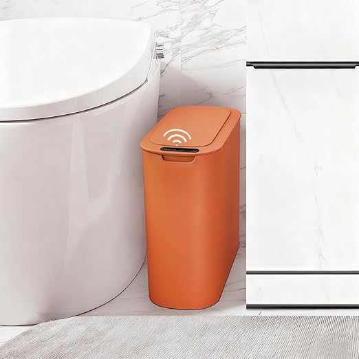 TIPGO Automatic Motion Sensor Bathroom Trash Can with Lid 2.6 Gallon Touchless Trash Bin Smart Garbage Can Plastic Slim Wastebasket for Bedroom Office Dorm (Orange)