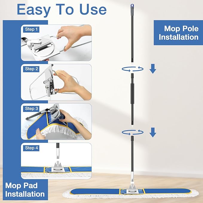 48 Commercial Industrial Dust Mop for Floor Cleaning Large Floor Dust Broom with Washable Mops Pads Wet Dry Duster Mops for Hardwood FloorsMarble Laminate Tile Concrete GarageBlue