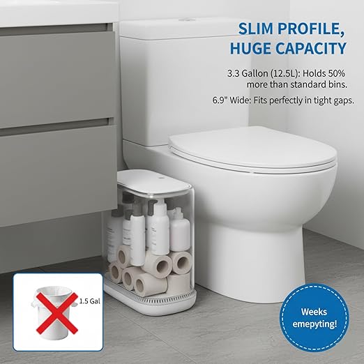 MOPALL Dog Proof Trash Can with Lid 3.3 Gallon Slim Bathroom Garbage Bin with Inner Bucket Fits Standard 4 Gallon Bags Odor Sealing Diaper Pail for Nursery Modern White Waste Basket 6.9 Wide