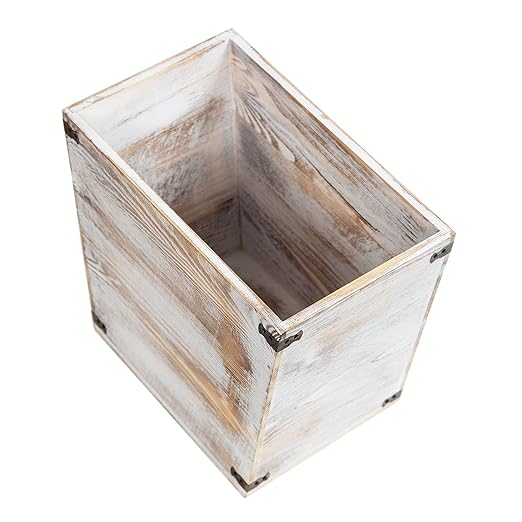 VERGOODR Grey Farmhouse Style Torched Wood Trash Can Waste Bin with Decorative Metal Brackets Trash Can for BedroomLiving Room Bathroom &amp Office (Washed White)