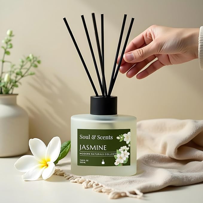Soul &amp Scents Reed Diffuser Set – Jasmine | 7.43 oz Refillable Scented Oil with 6 Fiber Sticks | Long-Lasting Home Fragrance &amp Air Freshener for Bedroom Bathroom Office | Gift &amp Décor Pi