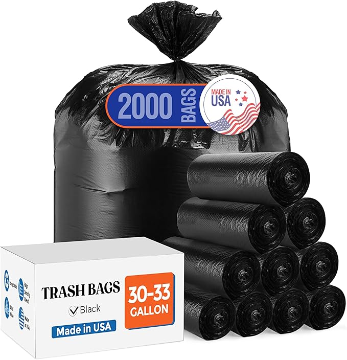 Delxo 30-33 Gallon Trash Bags 2000 Count – 0.6 Mil Medium Duty Garbage Bags Durable Plastic Bolsas para basura Perforated Design– Made in USA for Kitchen Yard Office (Black)