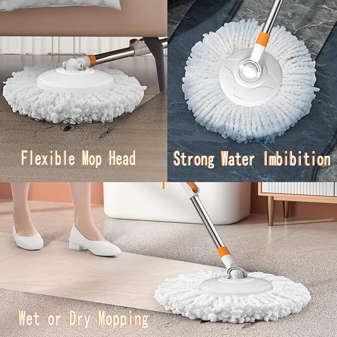 Spin Mop Bucket with Wringer System Extended Mop Handle 61Mop and Bucket for Floors Cleaning with 5 Replacement Head Refill 1 Cleaning Brush Head