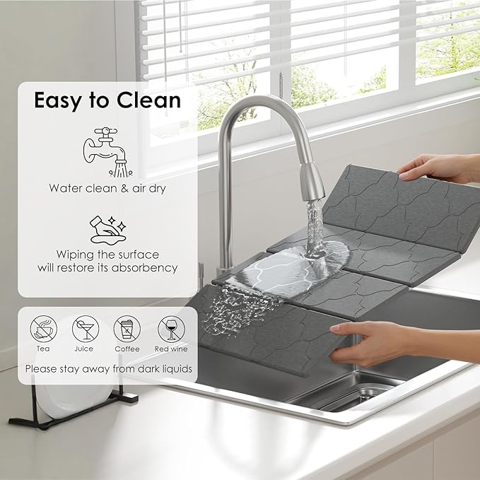 3 PCS Large Stone Dish Drying Mat for Kitchen Counter -24x16 Absorbent Diatomaceous Earth Mat with Stone Faucet Mat &amp Soap Tray - Quick Dry Collapsible Non-Slip Countertop Organizer