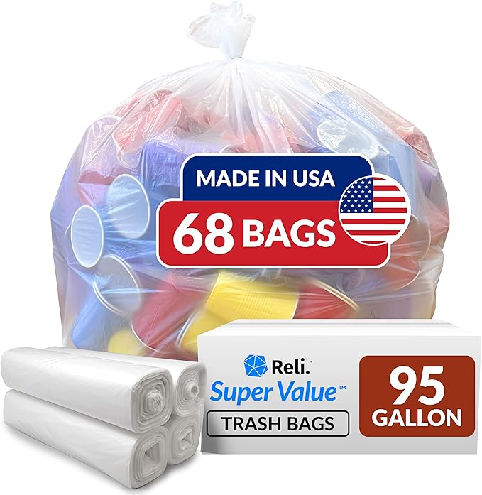 Reli. 95 Trash Bags Heavy Duty | 68 Trash Bags | Super Sizeable for Serious Garbage Cleanup (Clear)