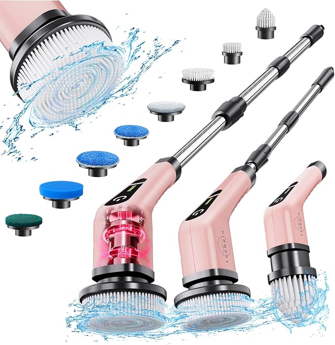 Leebein Electric Spin Scrubber Cordless Powerful Scrub Brush for Cleaning Bathroom Kitchen Shower Tub and Floor Tile with Adjustable Extension Long Handle and 8 Replaceable Brush Heads(Rose)