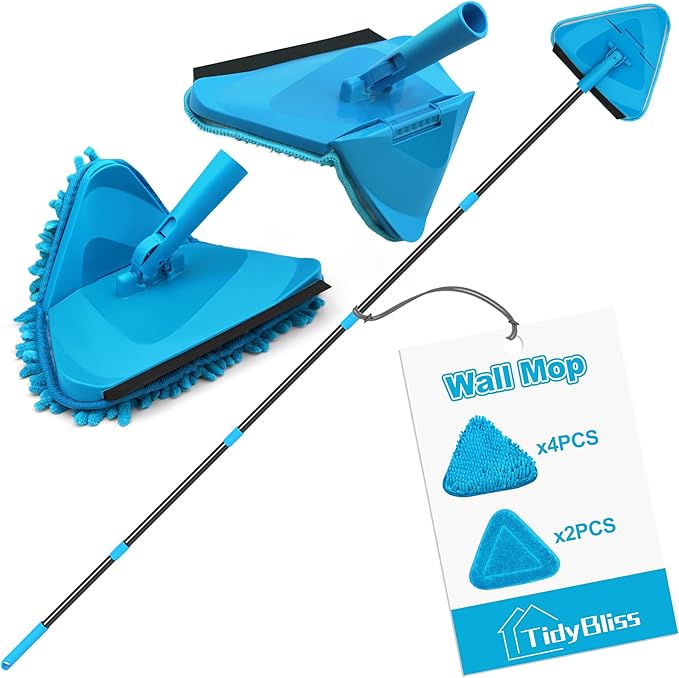 Wall Mop Cleaner with Long Handle 80” Ceiling Duster Scrubber with 360° Swivel Collapsible Head Baseboard Cleaning Tool with 4 Chenille and 2 Microfiber Pads for Windows Floor (Blue)