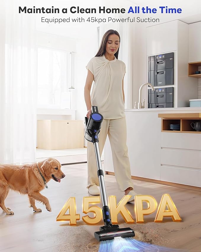 Cordless Vacuum Cleaner 45KPA Stick Vacuum Cleaners for Home with Up to 45 Mins Runtime 6-in-1 Rechargeable Lightweight Vacuum with Powerful Suction for Carpets Pet Hair Hardwood Floors