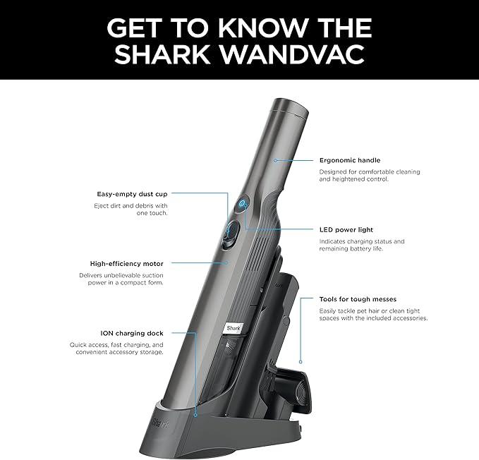 Shark WV201 WANDVAC Handheld Vacuum Lightweight at 1.4 Pounds with Powerful Suction Charging Dock Single Touch Empty and Detachable Dust CupGraphite Slate
