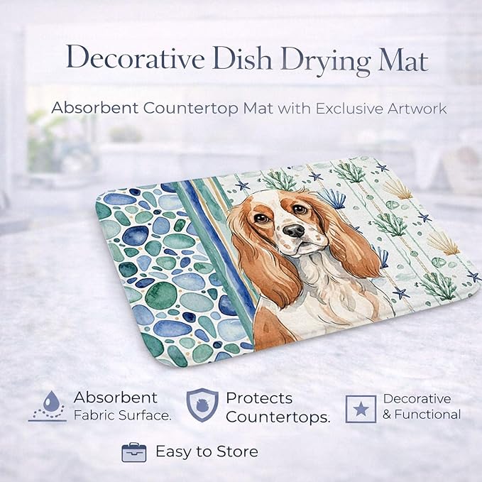 Caroline's Treasures Blenheim Cavalier Spaniel Coastal Sea Glass Dish Drying Mat Absorbent Dish Drying Mat Pad for Kitchen Counter Dish Drainer Mat for Countertop 14 x 21 Multicolor