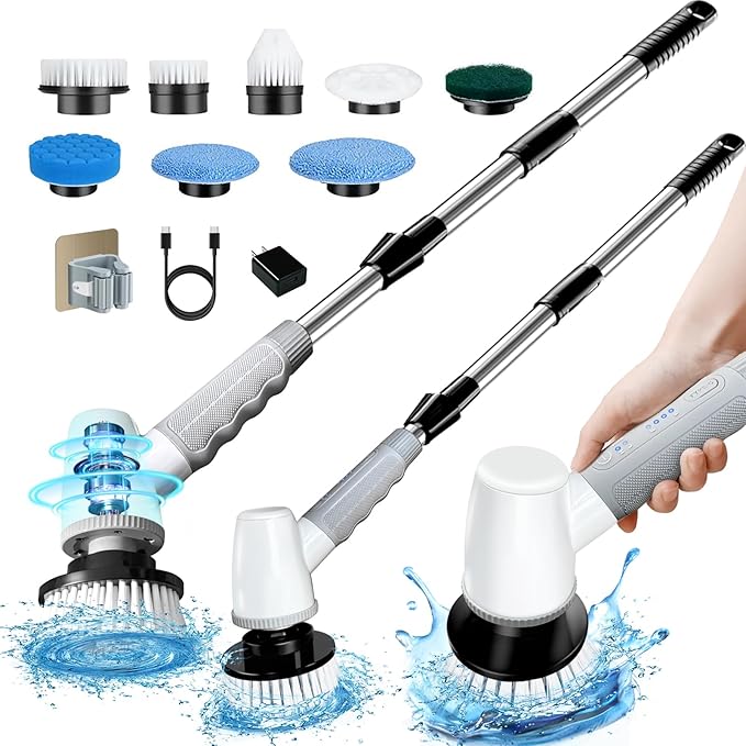 Electric Spin Scrubber Bathroom Scrubber - Cordless Shower Scrubber with Adjustable Handle 2 Speeds Bathroom Scrubber with 8 Replaceable Brush Heads Power Scrubber for Bathroom Bathtub Cleaning