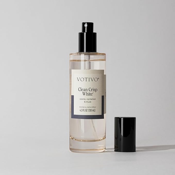 Votivo Clean Crisp White 4.3 oz Room &amp Linen Spray | Luxurious Cotton Scented Air Freshener for Linens &amp Living Areas | Premium Long Lasting Fragrance