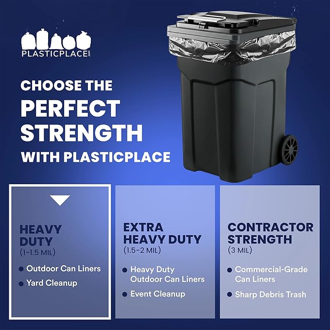 Plasticplace 64-65 Gallon Black Trash Bags Heavy Duty Toter Can Liners Tear &amp Leak-Proof Industrial Strength 25 Count Large Garbage Bags for Kitchen &amp Commercial Use 1.2 Mil 50 x 60