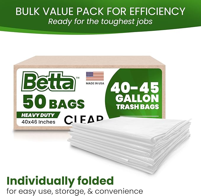Betta 40-45 Gallon Clear Trash Bags 50 Count Box (40x46-inch) Commercial Heavy-Duty Garbage and Recycling Can Liners for 32-44 Gallon Round Cans 25-35 Gallon Slim and Square Cans
