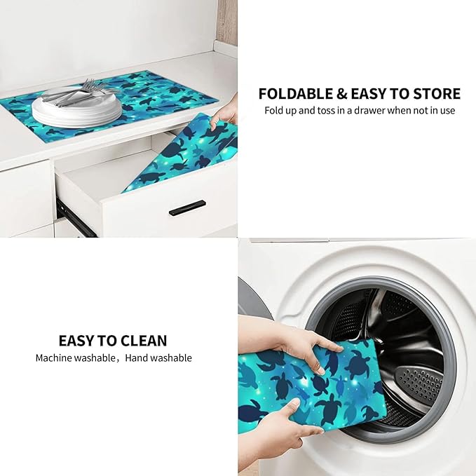 Sea Turtles Blue Dish Drying Mat For Kitchen Counter Absorbent Microfiber Dishes Pad Dish Drainer Rack Mats Fast Dry Reusable Washable Large 18x24