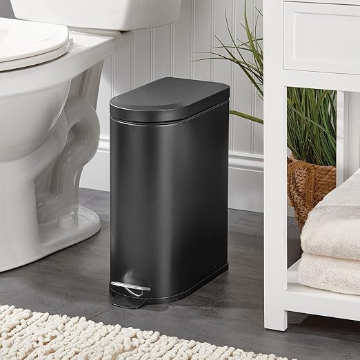 mDesign Small 2.6 Gallon/10 Liter Stainless Steel Metal Step Trash Can Garbage Bin for Bathroom Bedroom Home Office D-Shape Trashcan with Foot Pedal/Lid Removable Liner Bucket with Handles Black
