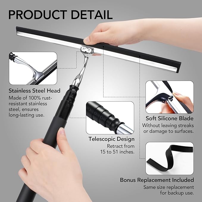 Shower Squeegee with Long Handle 15-51 Telescopic Squeegee for Window Cleaning Window Squeegee for Glass Doors Extendable Window Cleaner Tool for Tile Walls Sliding Door Floor Car Windshield