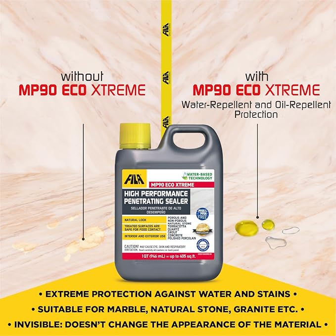 FILA Natural Stone Sealer MP90 ECO Xtreme Natural Look Sealer and Stain Protector Ideal for All Natural Stone Polished Porcelain Tile and Grout Eco-Friendly Water Based 1 QT