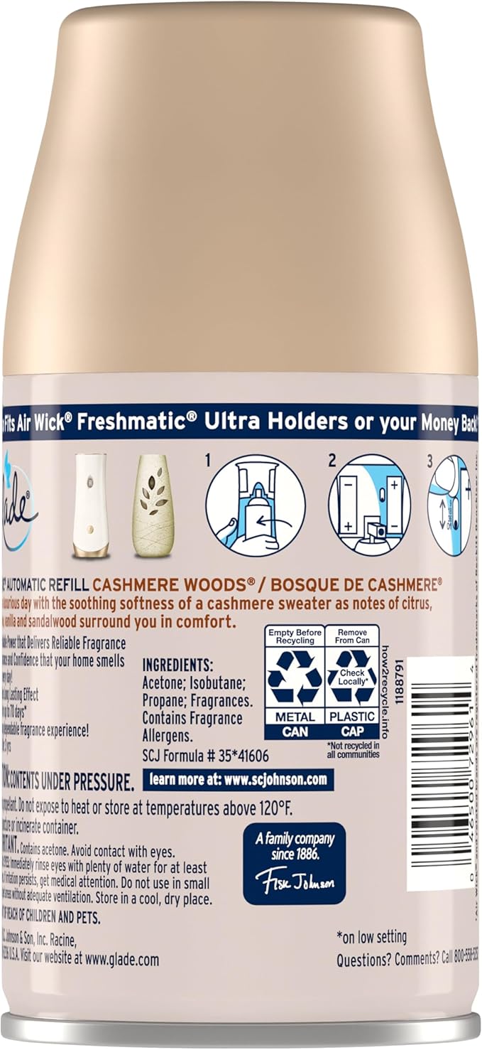 Glade Automatic Spray Refill and Holder Kit Air Freshener for Home and Bathroom Cashmere Woods 6.2 Oz 2 Count