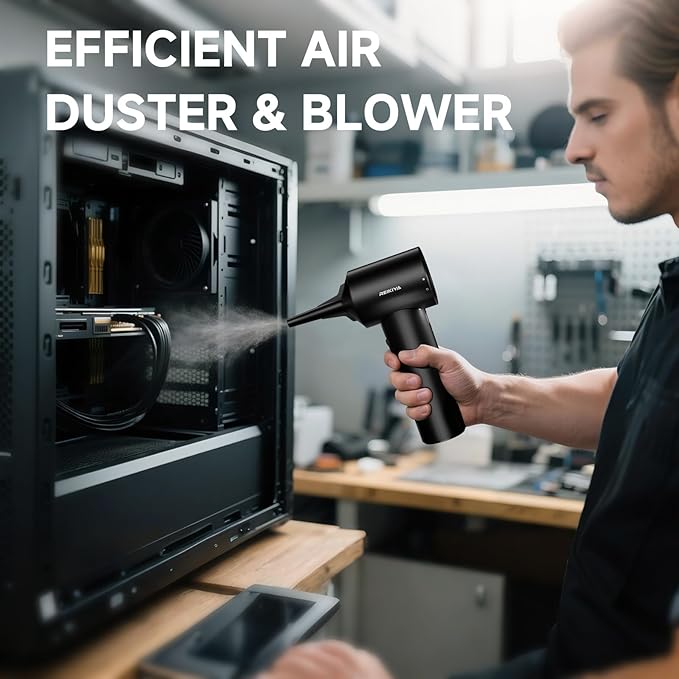 REIKIYA Compressed Air Duster 150000RPM Portable Air Blower for Computer Keyboard with LED Light 7800mAh Rechargeable 18000Pa Cordless Portable Vacuum Cleaner for Car Home Office