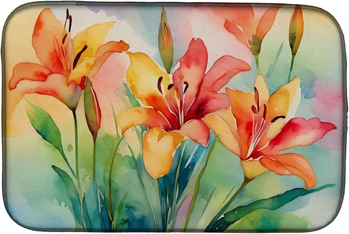 Caroline's Treasures DAC1588DDM Lilies in Watercolor Dish Drying Mat Absorbent Dish Drying Mat Pad for Kitchen Counter Dish Drainer Mat for Countertop 14 x 21 Multicolor