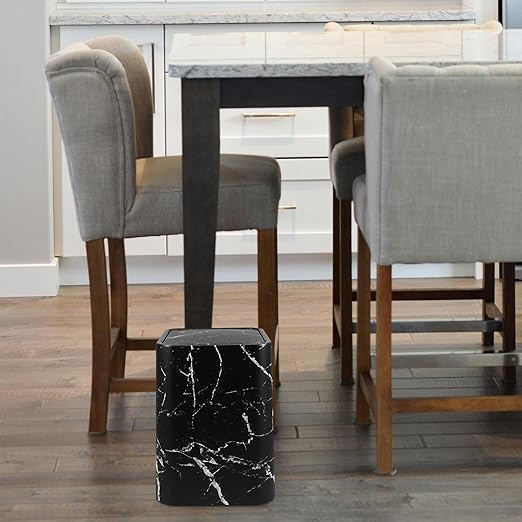 Marble Pattern Wastebasket with Lid Medium Size Square Trash Can Black Marble Texture Double Layer Garbage Bin for Home Bathroom Kitchen Office Use