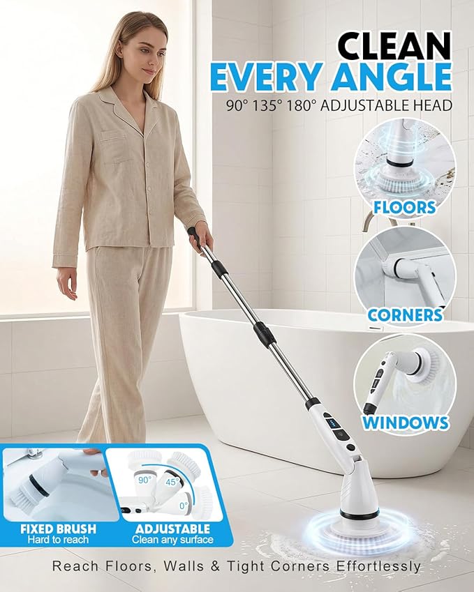 Electric Spin Scrubber Shower Scrubber with Long Handle 7 Brush Heads 2-Speed Cordless Bathroom Cleaning Brush 54in Extendable Electric Cleaning Brush for Tub Tile Floor &amp Kitchen