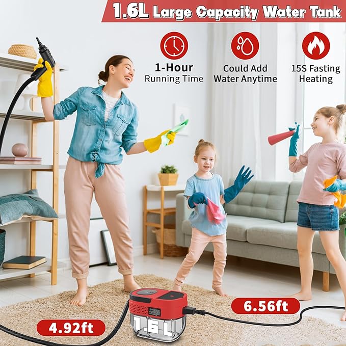Handheld Steam Cleaner for Home 2500W High Temperature Pressurized Machine 1.6L Water Tank Handle-controlled Steam Output Portable Cleaning Steamer for Car Bed Bugs Furniture Grout (Red)
