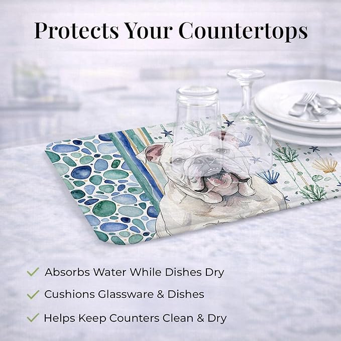 Caroline's Treasures White English Bulldog Coastal Sea Glass Dish Drying Mat Absorbent Dish Drying Mat Pad for Kitchen Counter Dish Drainer Mat for Countertop 14 x 21 Multicolor